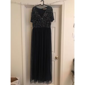 Navy blue sequin bodice short sleeve prom dress